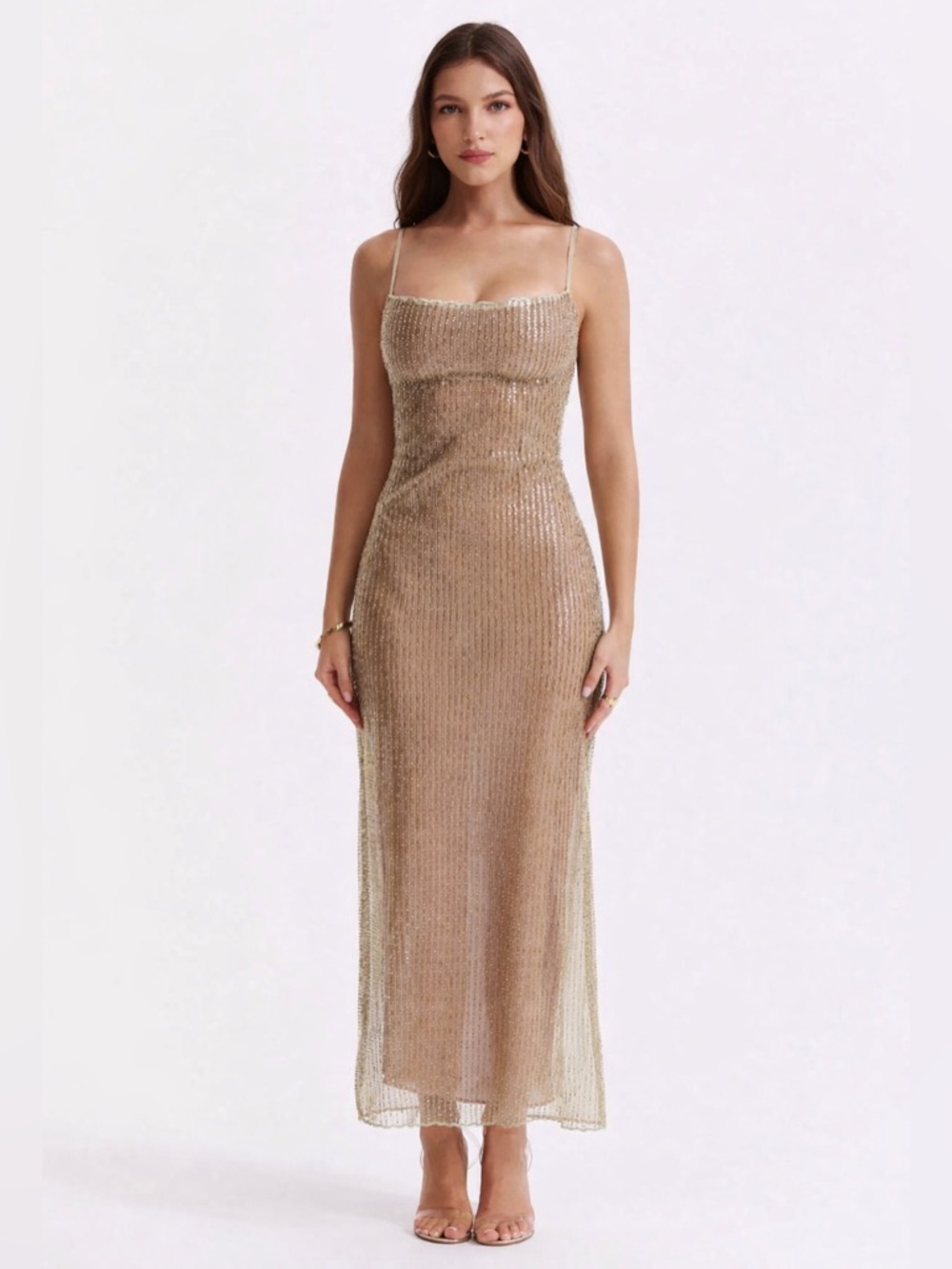 HOUSE OF CB 'Alondra' Cafe Au Lait Beaded Maxi Dress/Size S-US 4-6